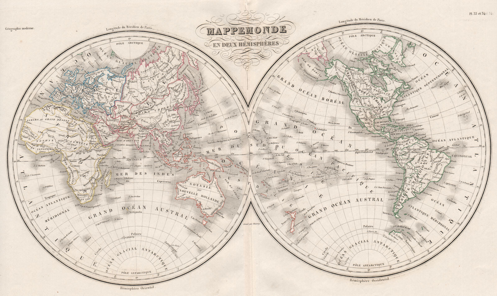 WORLD. Mappemonde. Twin Hemispheres. Mexican Texas. MALTE-BRUN c1846 old
